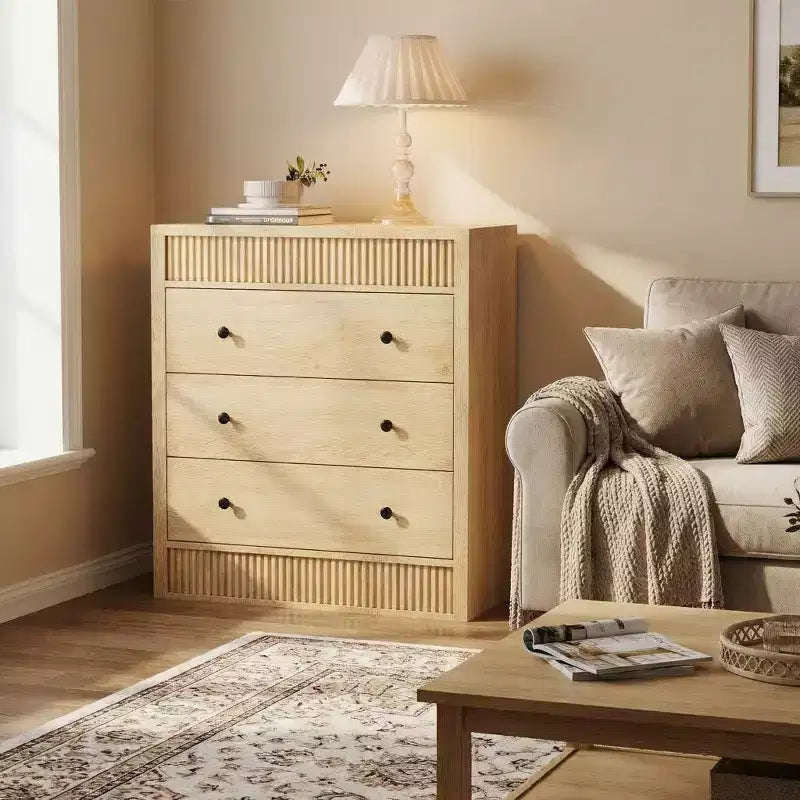 Commode à 3 tiroirs cannelés de 80 cm de large, Table de chevet et meuble de rangement en bois modernes, Commode pour chambre à coucher, chambre d'enfant, couloir et salon