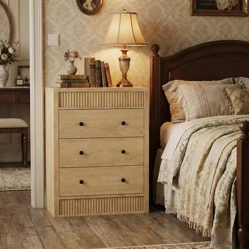 Commode à 3 tiroirs cannelés de 80 cm de large, Table de chevet et meuble de rangement en bois modernes, Commode pour chambre à coucher, chambre d'enfant, couloir et salon