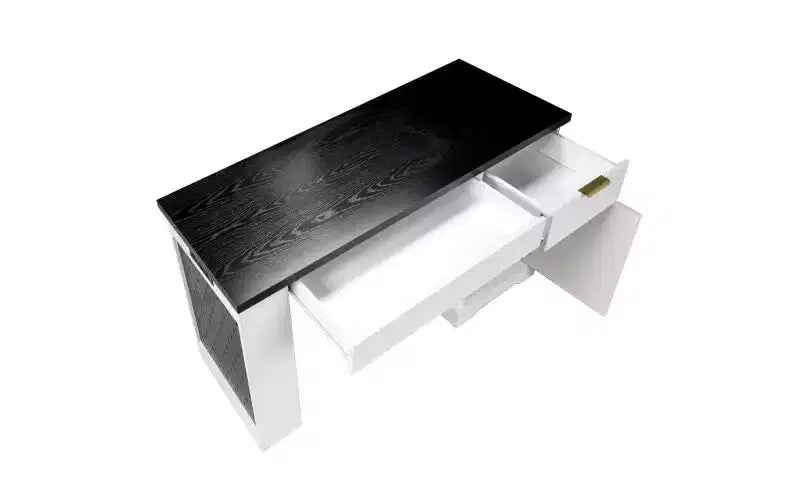 JVNOXK Bureau Moderne de 140 cm avec Meuble de Rangement et Tiroirs, Prises de Courant, Panneau Perforé, Étagères Intégrées et Tablette de Clavier, Blanc