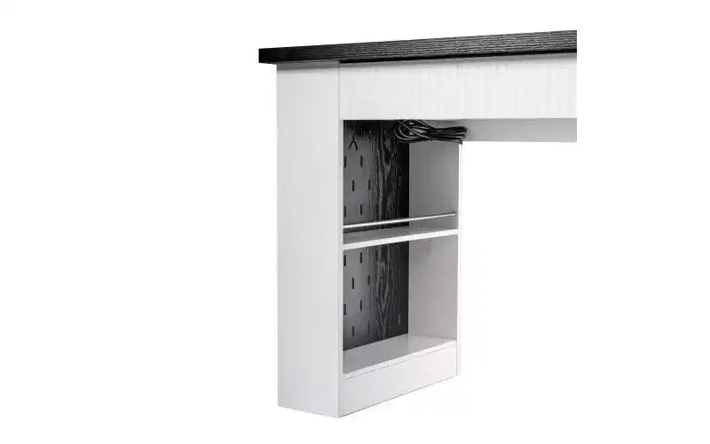 JVNOXK Bureau Moderne de 140 cm avec Meuble de Rangement et Tiroirs, Prises de Courant, Panneau Perforé, Étagères Intégrées et Tablette de Clavier, Blanc