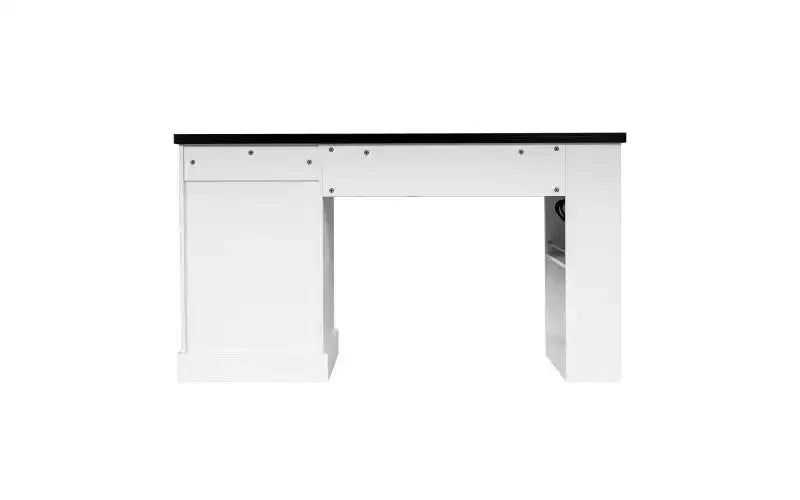 JVNOXK Bureau Moderne de 140 cm avec Meuble de Rangement et Tiroirs, Prises de Courant, Panneau Perforé, Étagères Intégrées et Tablette de Clavier, Blanc