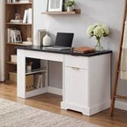 JVNOXK Bureau Moderne de 140 cm avec Meuble de Rangement et Tiroirs, Prises de Courant, Panneau Perforé, Étagères Intégrées et Tablette de Clavier, Blanc
