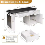 JVNOXK Bureau Moderne de 140 cm avec Meuble de Rangement et Tiroirs, Prises de Courant, Panneau Perforé, Étagères Intégrées et Tablette de Clavier, Blanc