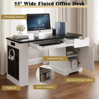 JVNOXK Bureau Moderne de 140 cm avec Meuble de Rangement et Tiroirs, Prises de Courant, Panneau Perforé, Étagères Intégrées et Tablette de Clavier, Blanc