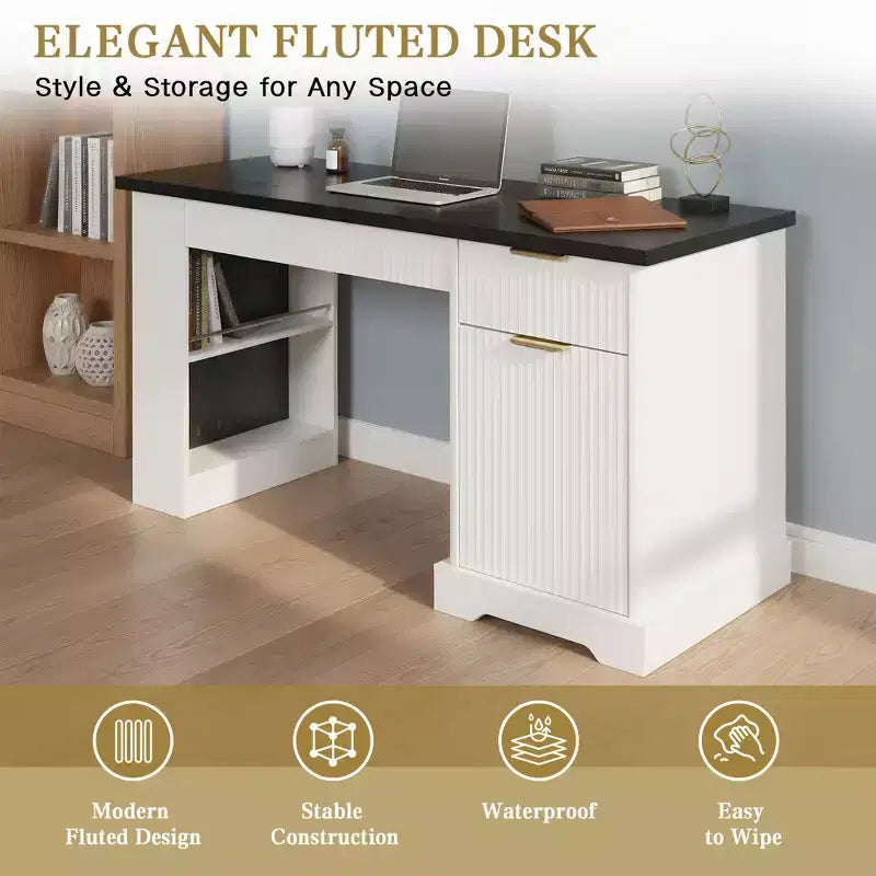 JVNOXK Bureau Moderne de 140 cm avec Meuble de Rangement et Tiroirs, Prises de Courant, Panneau Perforé, Étagères Intégrées et Tablette de Clavier, Blanc