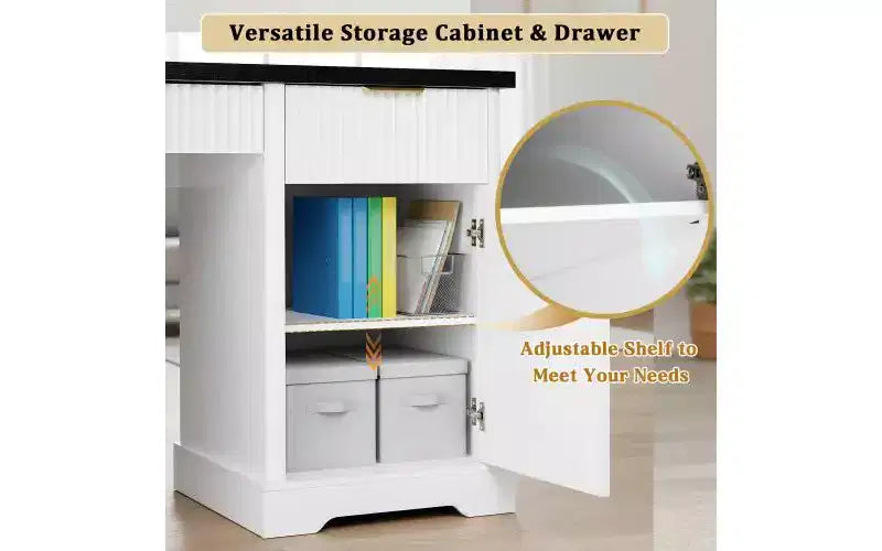 JVNOXK Bureau Moderne de 140 cm avec Meuble de Rangement et Tiroirs, Prises de Courant, Panneau Perforé, Étagères Intégrées et Tablette de Clavier, Blanc