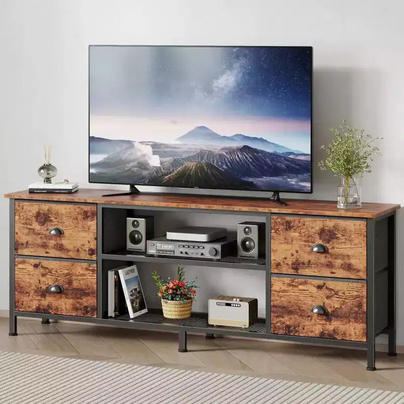 Meuble TV commode marron Qwatto de 160 cm pour téléviseurs jusqu'à 70 pouces, console multimédia, centre de divertissement, 4 tiroirs, étagères ouvertes, rangement pour chambre et salon
