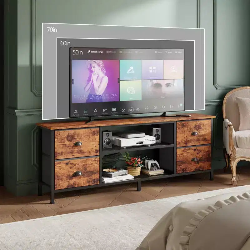 Meuble TV commode marron Qwatto de 160 cm pour téléviseurs jusqu'à 70 pouces, console multimédia, centre de divertissement, 4 tiroirs, étagères ouvertes, rangement pour chambre et salon