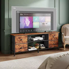 Meuble TV commode marron Qwatto de 160 cm pour téléviseurs jusqu'à 70 pouces, console multimédia, centre de divertissement, 4 tiroirs, étagères ouvertes, rangement pour chambre et salon