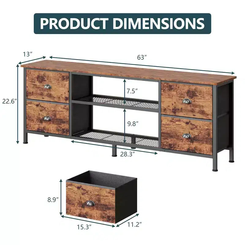 Meuble TV commode marron Qwatto de 160 cm pour téléviseurs jusqu'à 70 pouces, console multimédia, centre de divertissement, 4 tiroirs, étagères ouvertes, rangement pour chambre et salon
