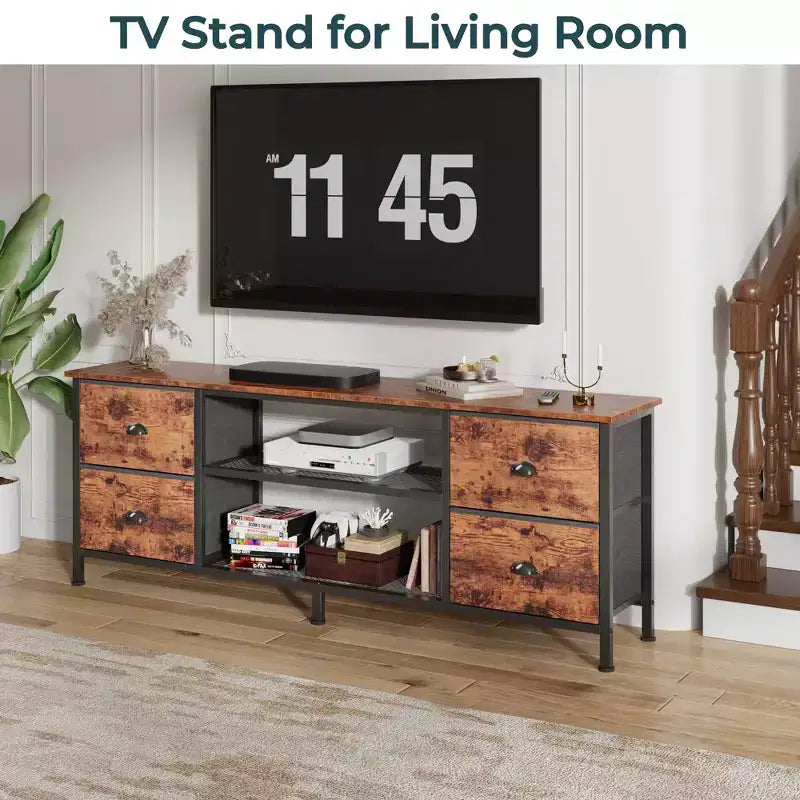Meuble TV commode marron Qwatto de 160 cm pour téléviseurs jusqu'à 70 pouces, console multimédia, centre de divertissement, 4 tiroirs, étagères ouvertes, rangement pour chambre et salon