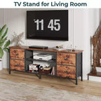Meuble TV commode marron Qwatto de 160 cm pour téléviseurs jusqu'à 70 pouces, console multimédia, centre de divertissement, 4 tiroirs, étagères ouvertes, rangement pour chambre et salon