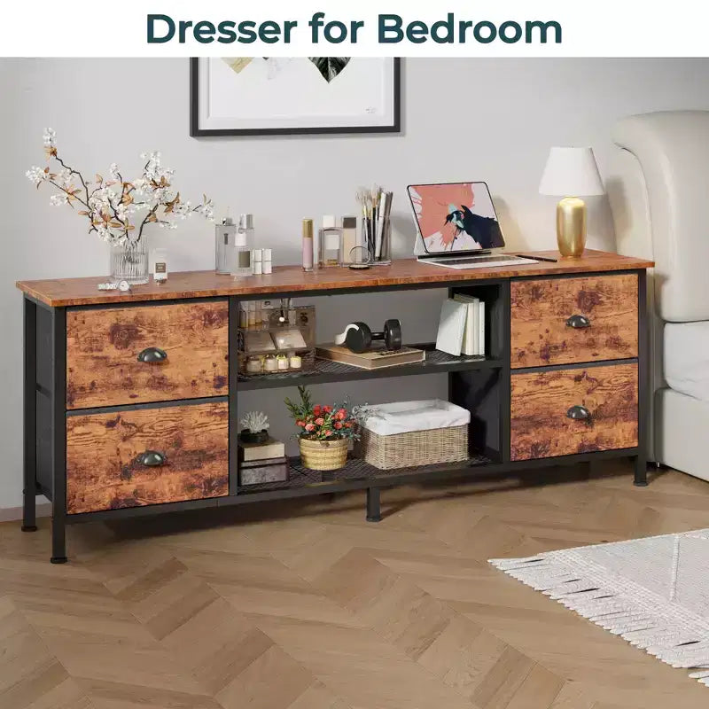 Meuble TV commode marron Qwatto de 160 cm pour téléviseurs jusqu'à 70 pouces, console multimédia, centre de divertissement, 4 tiroirs, étagères ouvertes, rangement pour chambre et salon