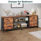 Meuble TV commode marron Qwatto de 160 cm pour téléviseurs jusqu'à 70 pouces, console multimédia, centre de divertissement, 4 tiroirs, étagères ouvertes, rangement pour chambre et salon