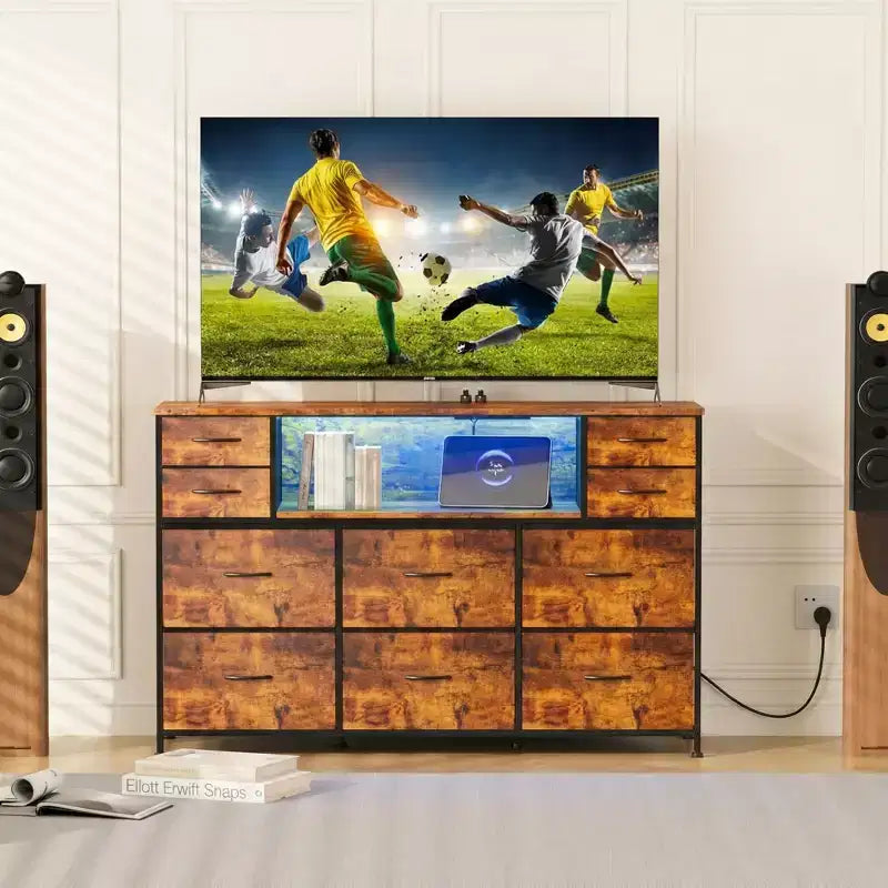 Commode à cadre métallique, armoires de rangement avec 11 tiroirs en tissu, meuble TV avec lumières LED et station de recharge, convient pour les chambres et les salons