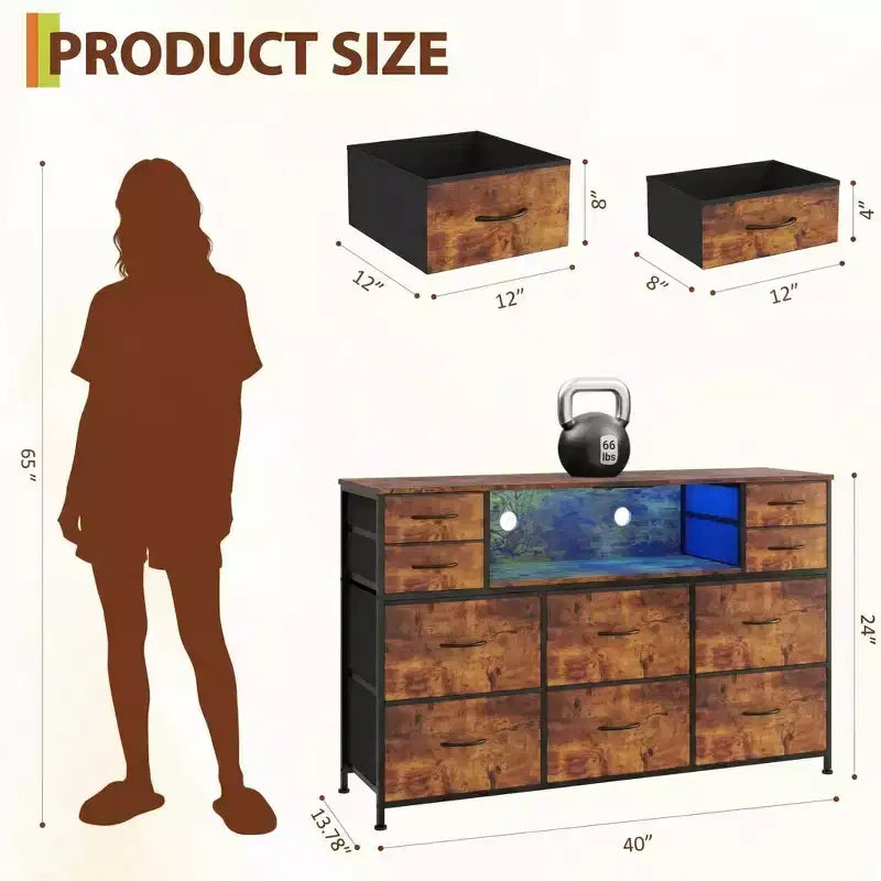 Commode à cadre métallique, armoires de rangement avec 11 tiroirs en tissu, meuble TV avec lumières LED et station de recharge, convient pour les chambres et les salons