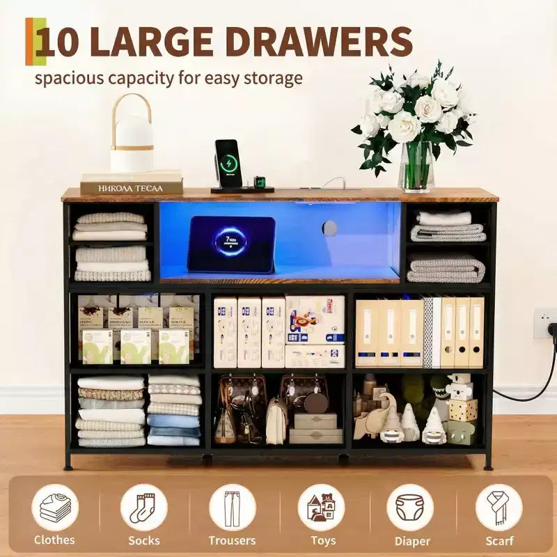 Commode à cadre métallique, armoires de rangement avec 11 tiroirs en tissu, meuble TV avec lumières LED et station de recharge, convient pour les chambres et les salons