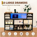 Commode à cadre métallique, armoires de rangement avec 11 tiroirs en tissu, meuble TV avec lumières LED et station de recharge, convient pour les chambres et les salons