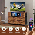 Commode à cadre métallique, armoires de rangement avec 11 tiroirs en tissu, meuble TV avec lumières LED et station de recharge, convient pour les chambres et les salons