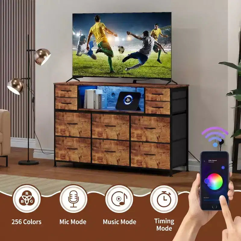 Commode à cadre métallique, armoires de rangement avec 11 tiroirs en tissu, meuble TV avec lumières LED et station de recharge, convient pour les chambres et les salons