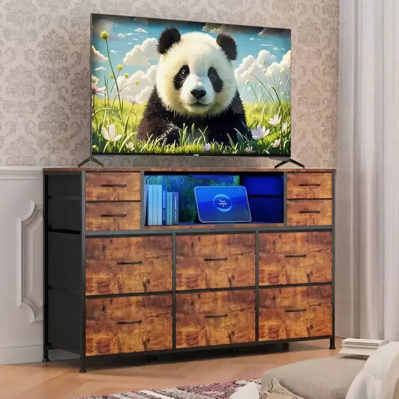 Commode à cadre métallique, armoires de rangement avec 11 tiroirs en tissu, meuble TV avec lumières LED et station de recharge, convient pour les chambres et les salons
