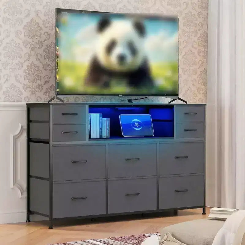 Commode à cadre métallique, armoires de rangement avec 11 tiroirs en tissu, meuble TV avec lumières LED et station de recharge, convient pour les chambres et les salons