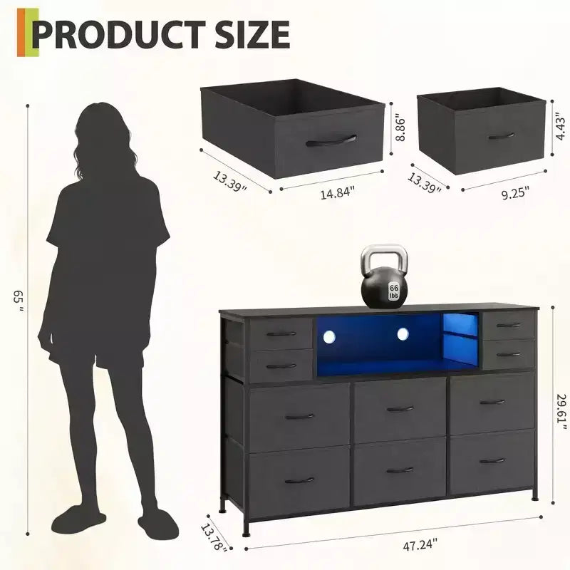 Commode à cadre métallique, armoires de rangement avec 11 tiroirs en tissu, meuble TV avec lumières LED et station de recharge, convient pour les chambres et les salons