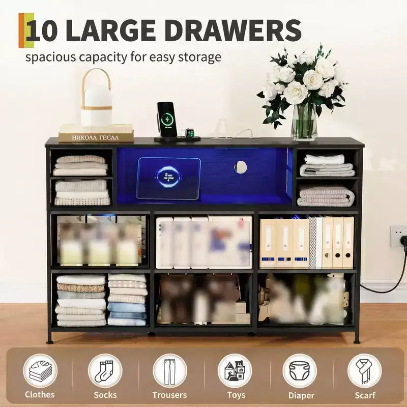Commode à cadre métallique, armoires de rangement avec 11 tiroirs en tissu, meuble TV avec lumières LED et station de recharge, convient pour les chambres et les salons