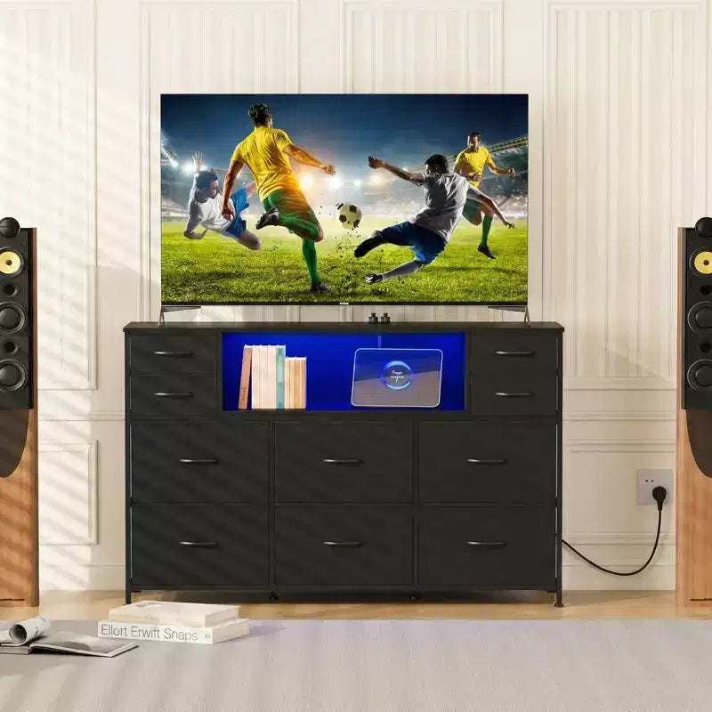 Commode à cadre métallique, armoires de rangement avec 11 tiroirs en tissu, meuble TV avec lumières LED et station de recharge, convient pour les chambres et les salons
