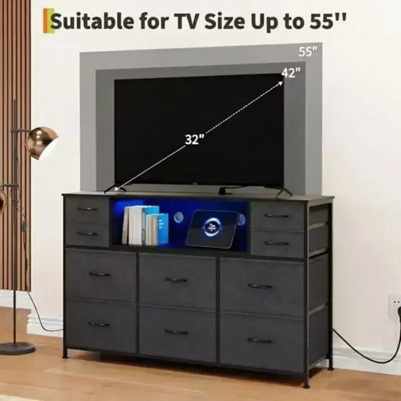 Commode à cadre métallique, armoires de rangement avec 11 tiroirs en tissu, meuble TV avec lumières LED et station de recharge, convient pour les chambres et les salons