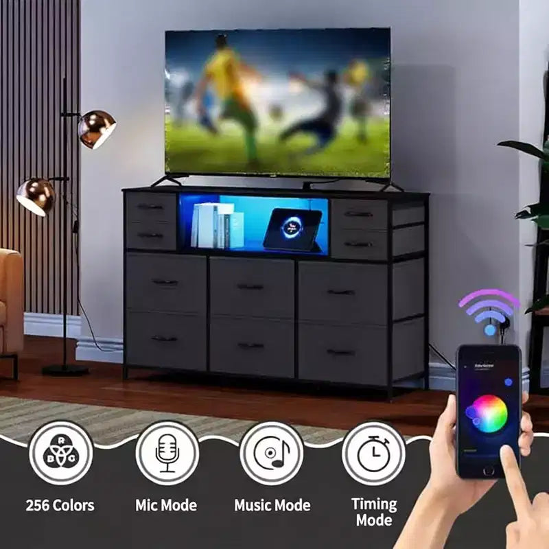 Commode à cadre métallique, armoires de rangement avec 11 tiroirs en tissu, meuble TV avec lumières LED et station de recharge, convient pour les chambres et les salons