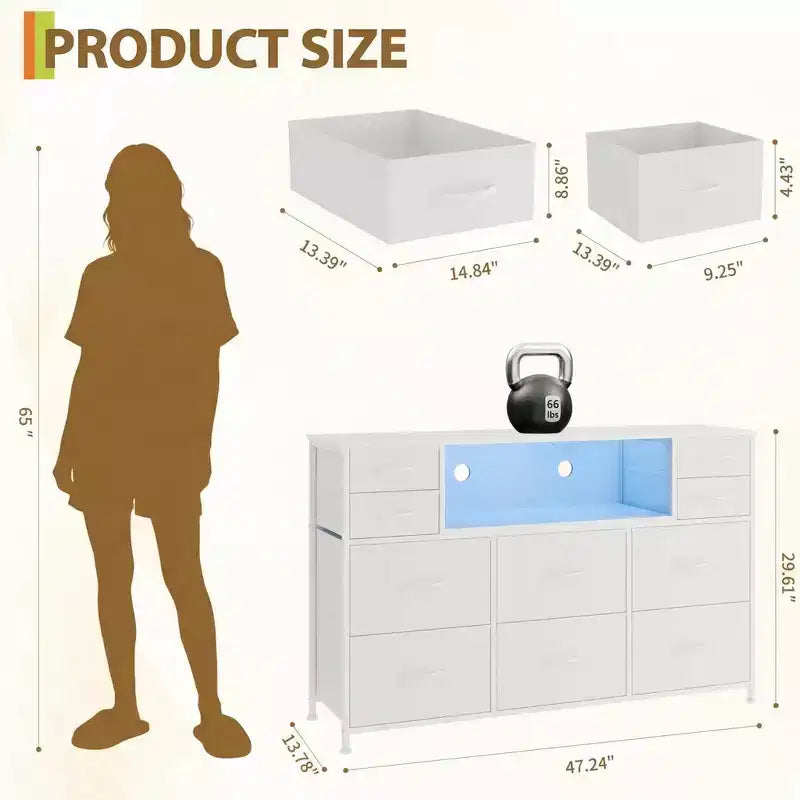 Commode à cadre métallique, armoires de rangement avec 11 tiroirs en tissu, meuble TV avec lumières LED et station de recharge, convient pour les chambres et les salons