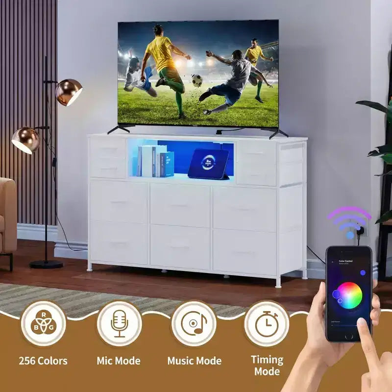 Commode à cadre métallique, armoires de rangement avec 11 tiroirs en tissu, meuble TV avec lumières LED et station de recharge, convient pour les chambres et les salons