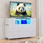 Commode à cadre métallique, armoires de rangement avec 11 tiroirs en tissu, meuble TV avec lumières LED et station de recharge, convient pour les chambres et les salons
