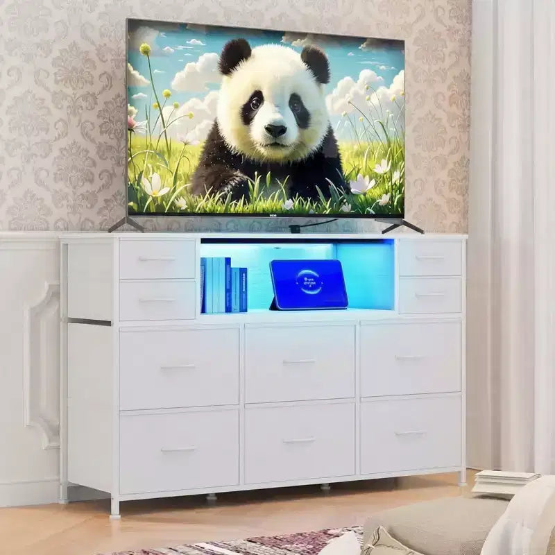 Commode à cadre métallique, armoires de rangement avec 11 tiroirs en tissu, meuble TV avec lumières LED et station de recharge, convient pour les chambres et les salons