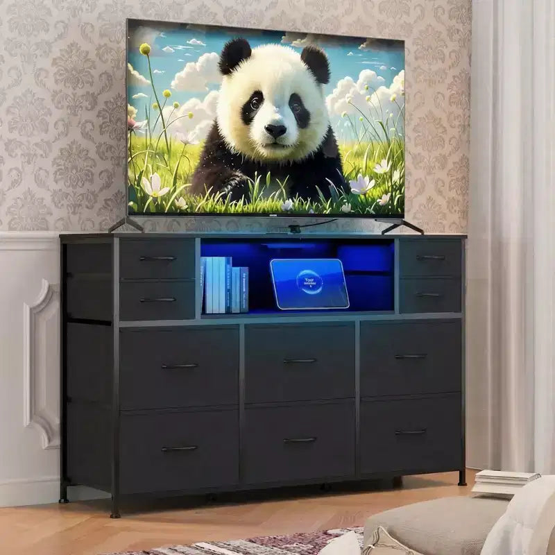 Commode à cadre métallique, armoires de rangement avec 11 tiroirs en tissu, meuble TV avec lumières LED et station de recharge, convient pour les chambres et les salons