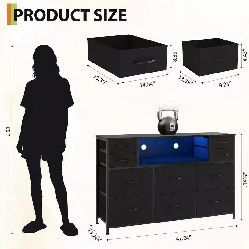 Commode à cadre métallique, armoires de rangement avec 11 tiroirs en tissu, meuble TV avec lumières LED et station de recharge, convient pour les chambres et les salons