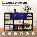 Commode à cadre métallique, armoires de rangement avec 11 tiroirs en tissu, meuble TV avec lumières LED et station de recharge, convient pour les chambres et les salons