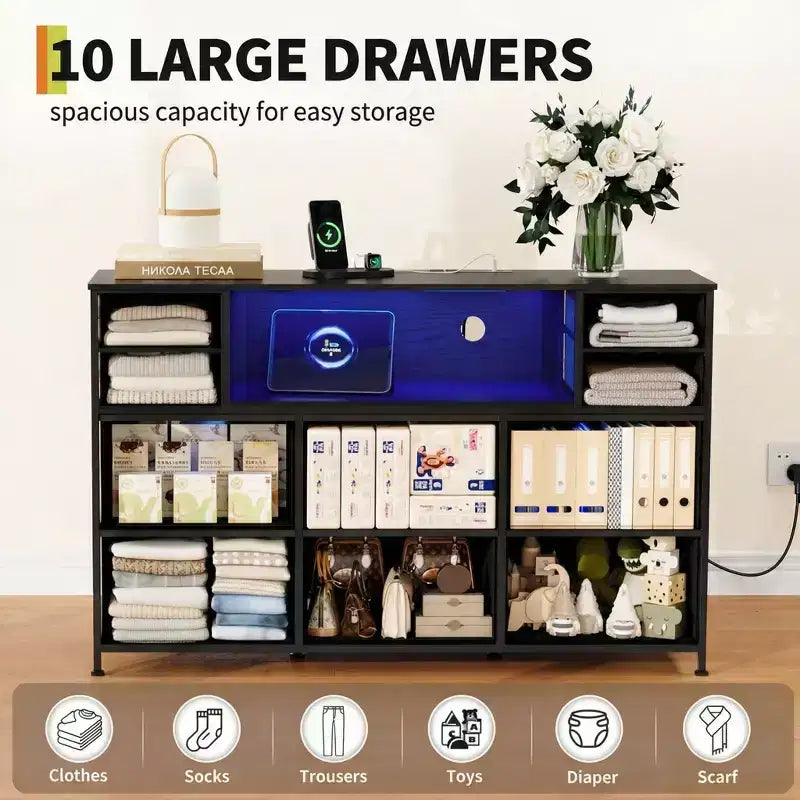 Commode à cadre métallique, armoires de rangement avec 11 tiroirs en tissu, meuble TV avec lumières LED et station de recharge, convient pour les chambres et les salons