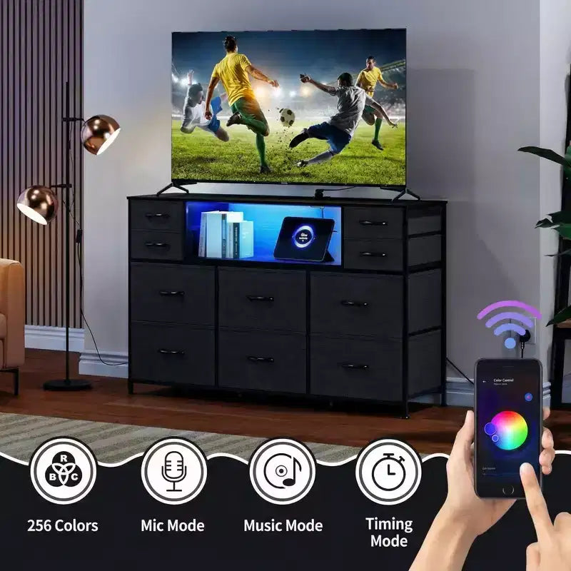 Commode à cadre métallique, armoires de rangement avec 11 tiroirs en tissu, meuble TV avec lumières LED et station de recharge, convient pour les chambres et les salons