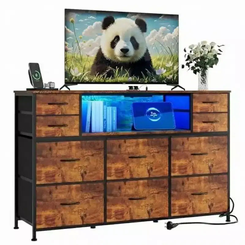 Commode à cadre métallique, armoires de rangement avec 11 tiroirs en tissu, meuble TV avec lumières LED et station de recharge, convient pour les chambres et les salons