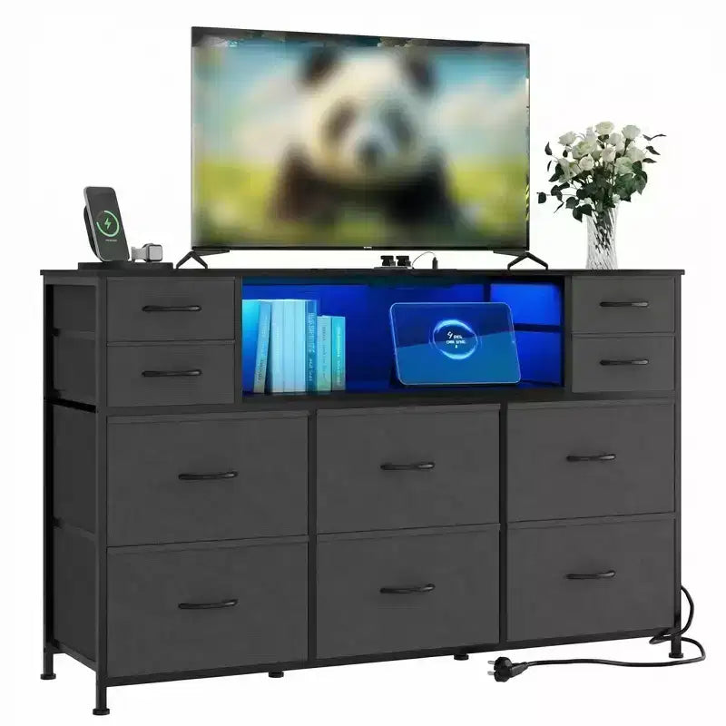 Commode à cadre métallique, armoires de rangement avec 11 tiroirs en tissu, meuble TV avec lumières LED et station de recharge, convient pour les chambres et les salons