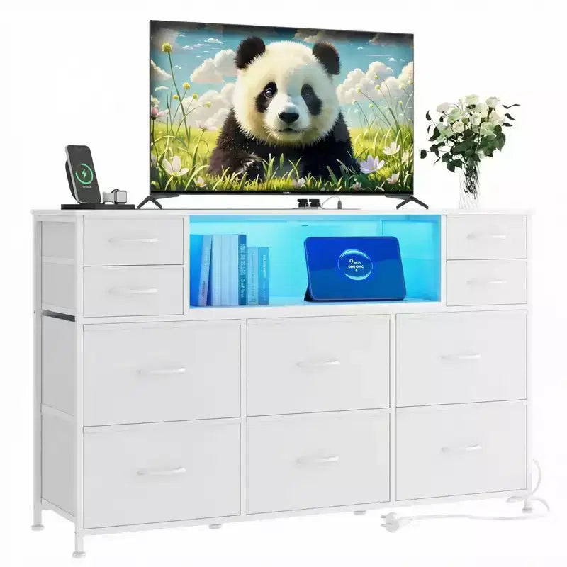Commode à cadre métallique, armoires de rangement avec 11 tiroirs en tissu, meuble TV avec lumières LED et station de recharge, convient pour les chambres et les salons