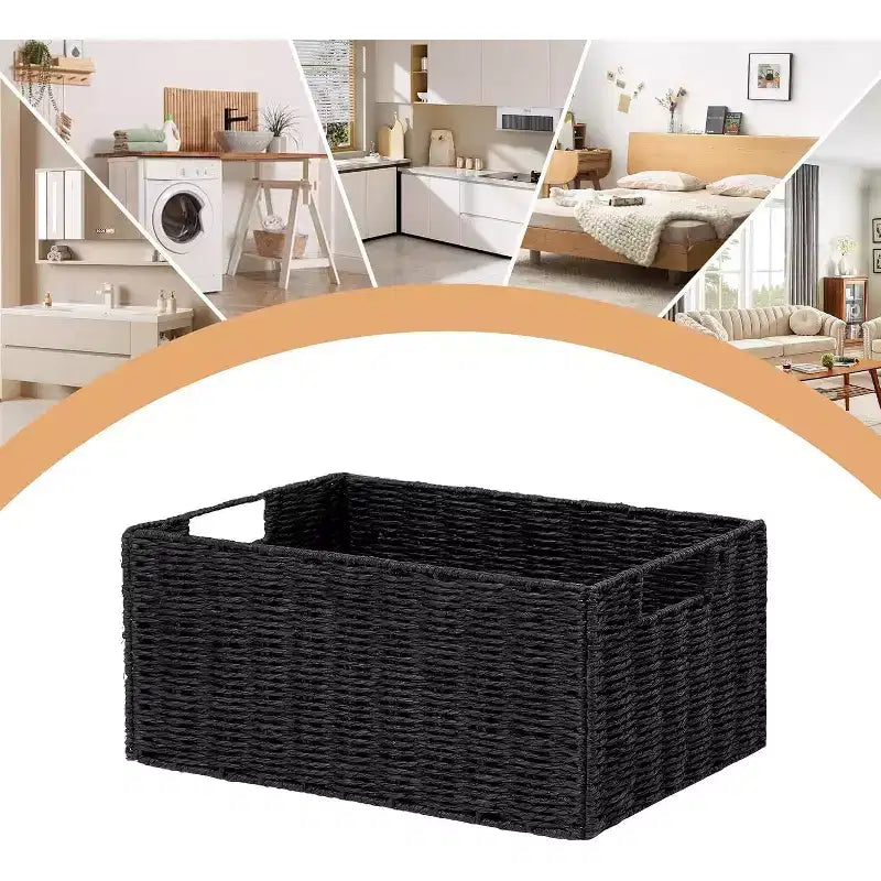 Lot de 4 paniers de rangement pliables, bacs de rangement tressés en corde de papier avec poignées pour étagères de maison, garde-manger, cuisine, salle de bain, salon