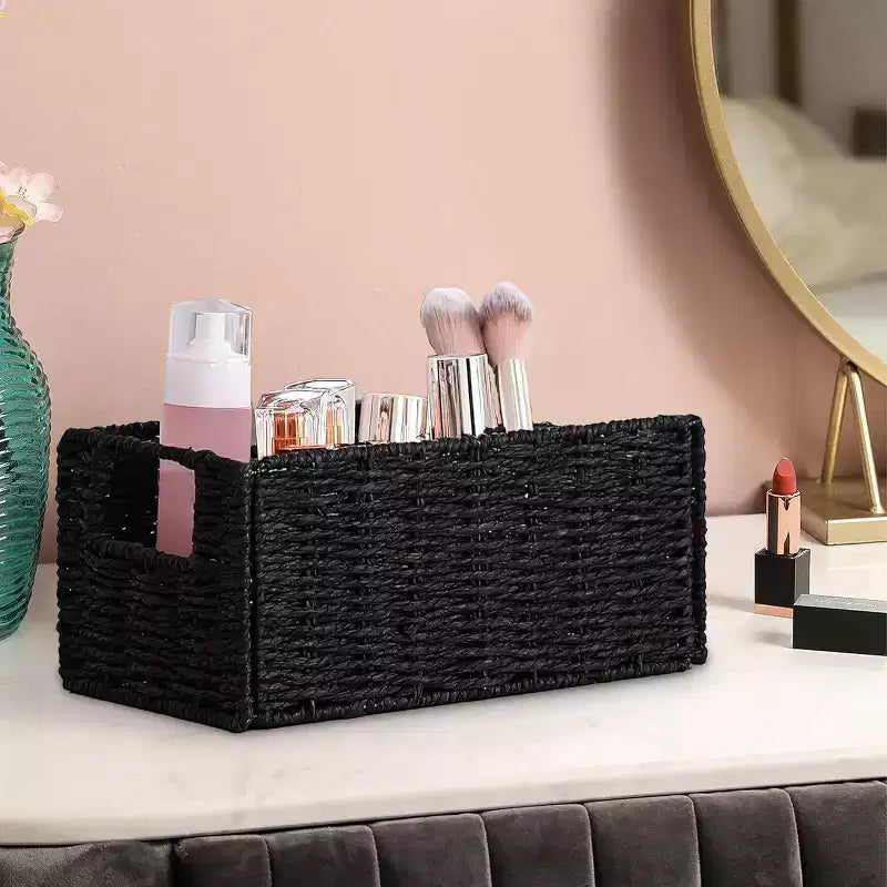 Lot de 4 paniers de rangement pliables, bacs de rangement tressés en corde de papier avec poignées pour étagères de maison, garde-manger, cuisine, salle de bain, salon