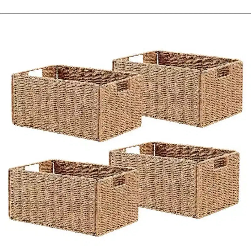 Lot de 4 paniers de rangement pliables, bacs de rangement tressés en corde de papier avec poignées pour étagères de maison, garde-manger, cuisine, salle de bain, salon