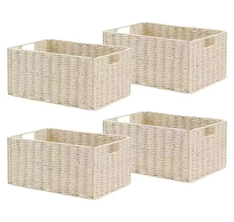 Lot de 4 paniers de rangement pliables, bacs de rangement tressés en corde de papier avec poignées pour étagères de maison, garde-manger, cuisine, salle de bain, salon