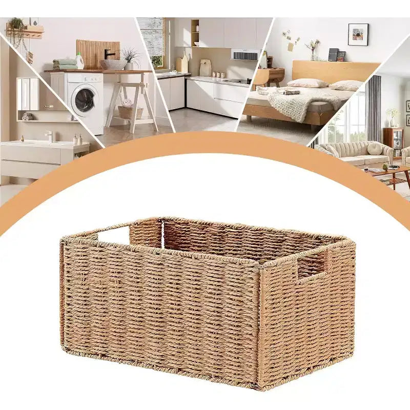 Lot de 4 paniers de rangement pliables, bacs de rangement tressés en corde de papier avec poignées pour étagères de maison, garde-manger, cuisine, salle de bain, salon