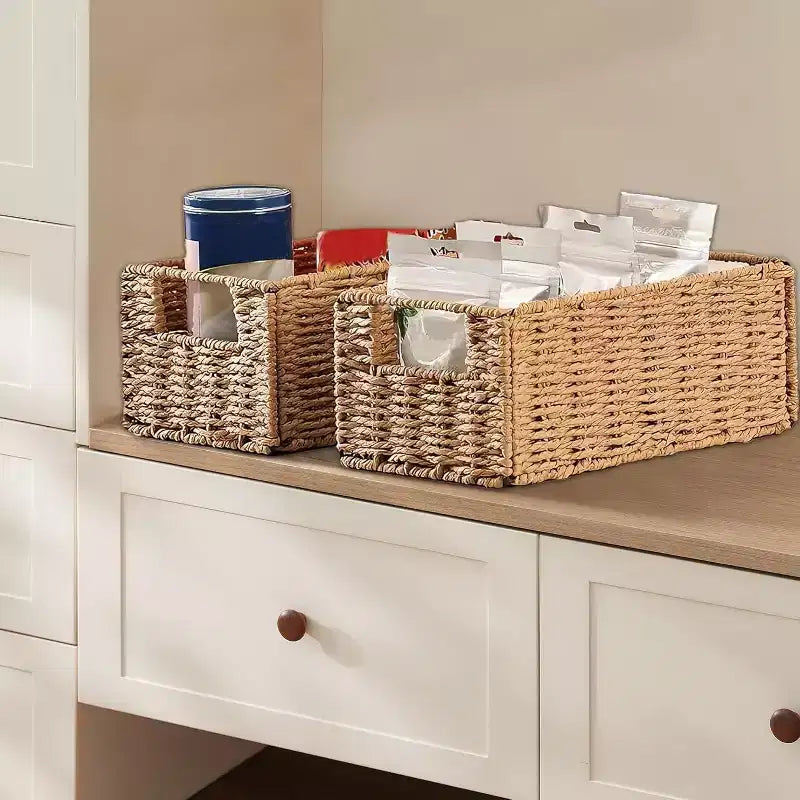 Lot de 4 paniers de rangement pliables, bacs de rangement tressés en corde de papier avec poignées pour étagères de maison, garde-manger, cuisine, salle de bain, salon
