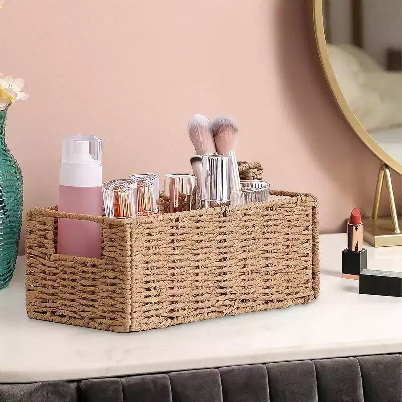 Lot de 4 paniers de rangement pliables, bacs de rangement tressés en corde de papier avec poignées pour étagères de maison, garde-manger, cuisine, salle de bain, salon